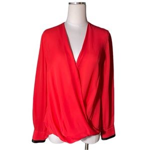 Rag & Bone scarlet red/black 100% silk chiffon billowy draped neckline blouse M